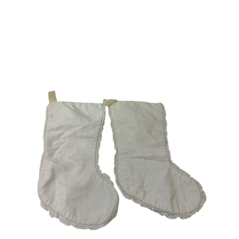 2 White Holiday Christmas stockings stencils (minor fading) vintage 14"x6" cotta - Picture 1 of 10